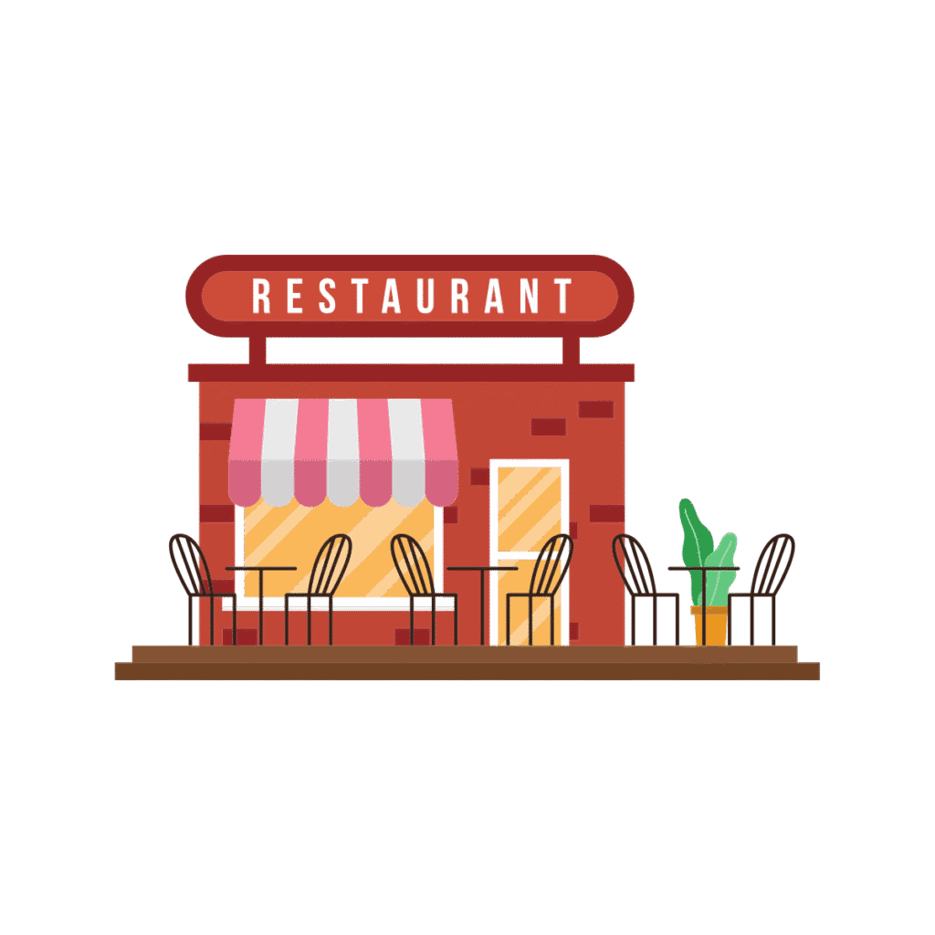 Illustration d'un restaurant rouge avec une terrasse.