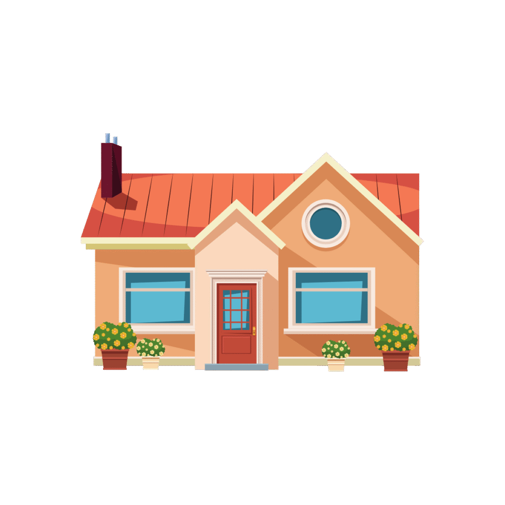 Illustration d'une maison avec une porte, deux fenêtres, un hublot et une cheminée.