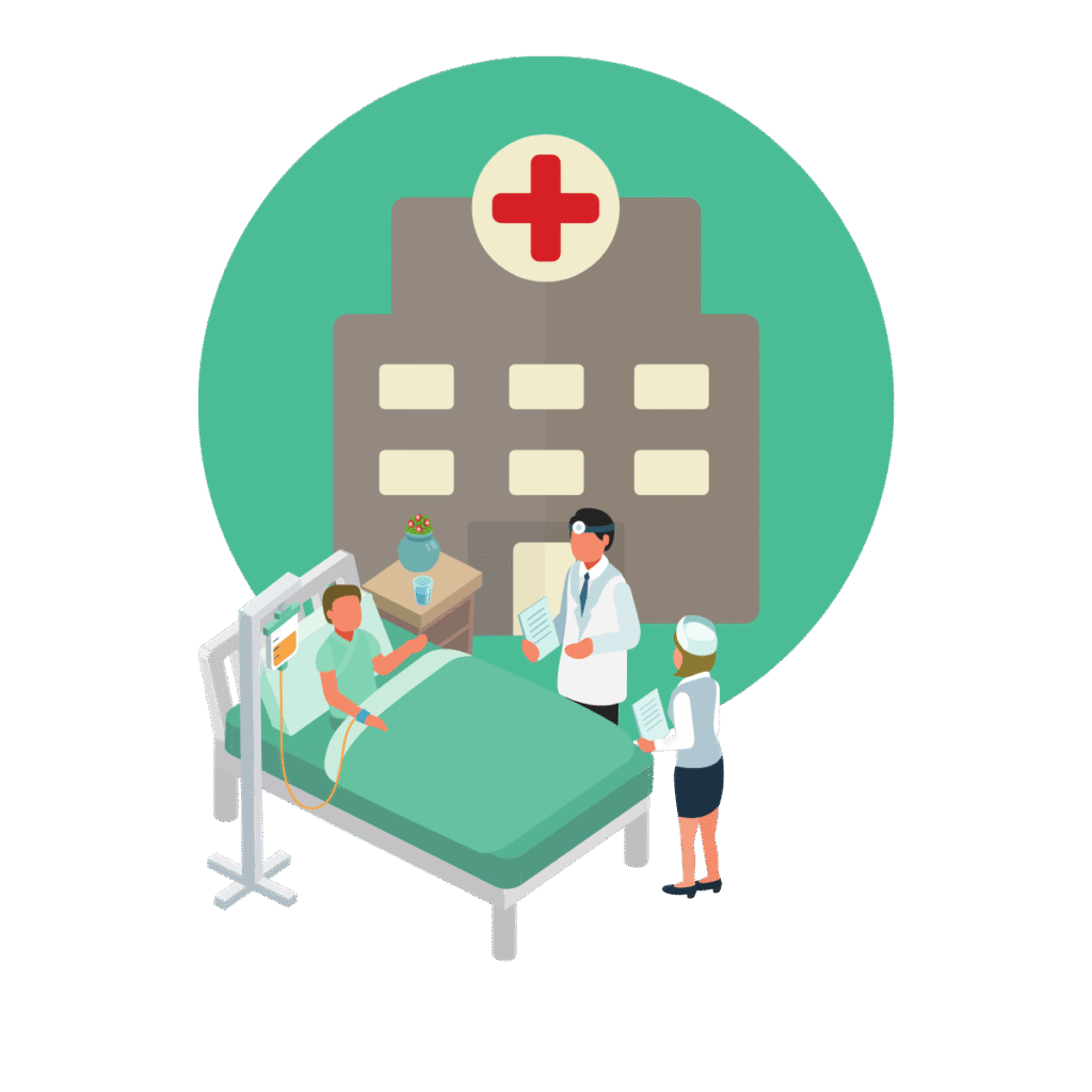 Illustration d'un hôpital, d'un docteur, d'une infirmière et de leur patient