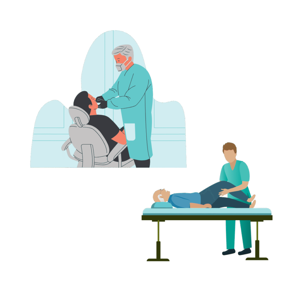 Ilustrations d'un dentiste et d'un kiné avec leur patient