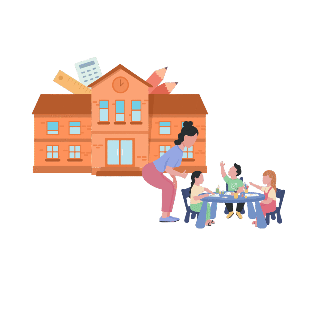 Illustration d'une école et des enfants qui jouent sur une table et leur maîtresse.