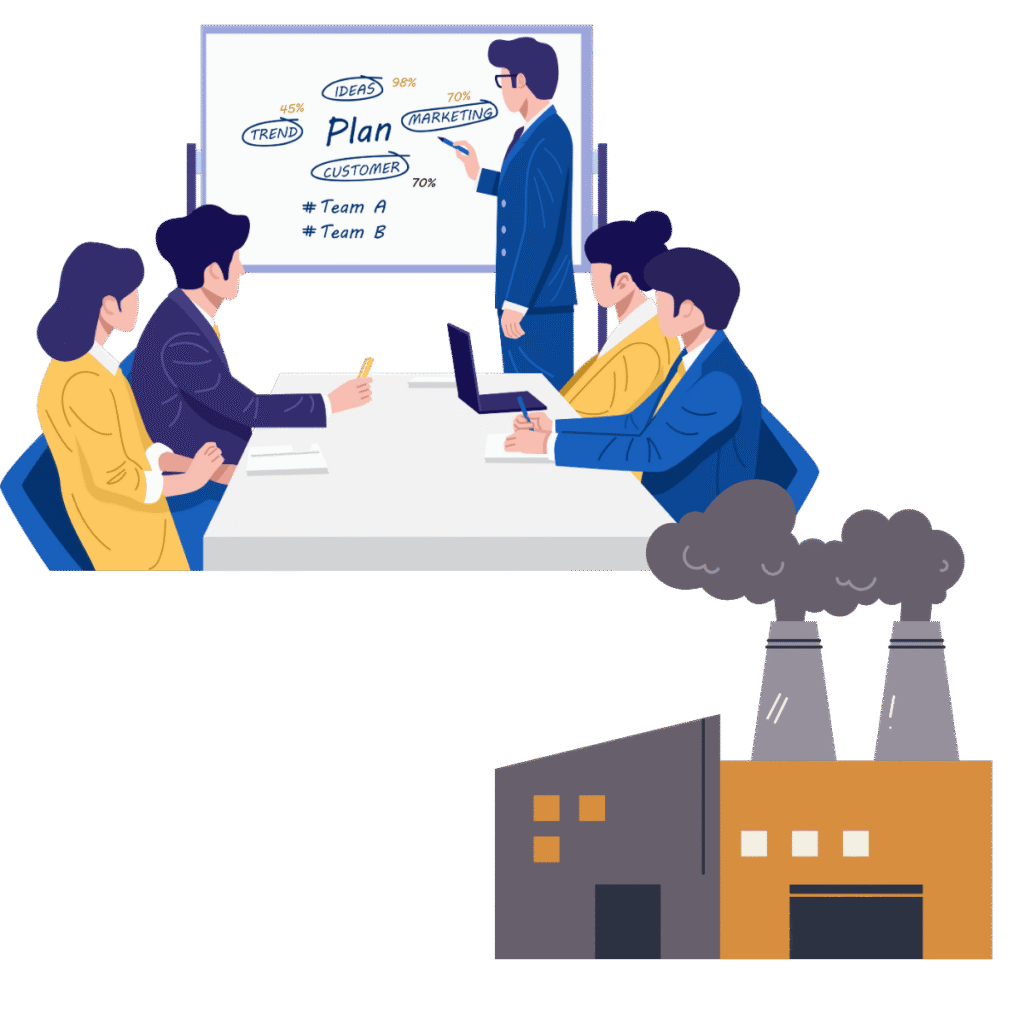 Illustrations d'une réunion entre collègues dans un bureau et d'une usine.